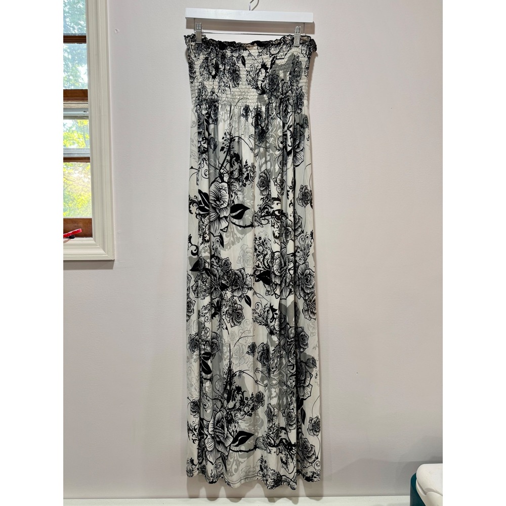 Caren Sport Black White Floral Tube Top Maxi Dress 1X Strapless Whimsigoth